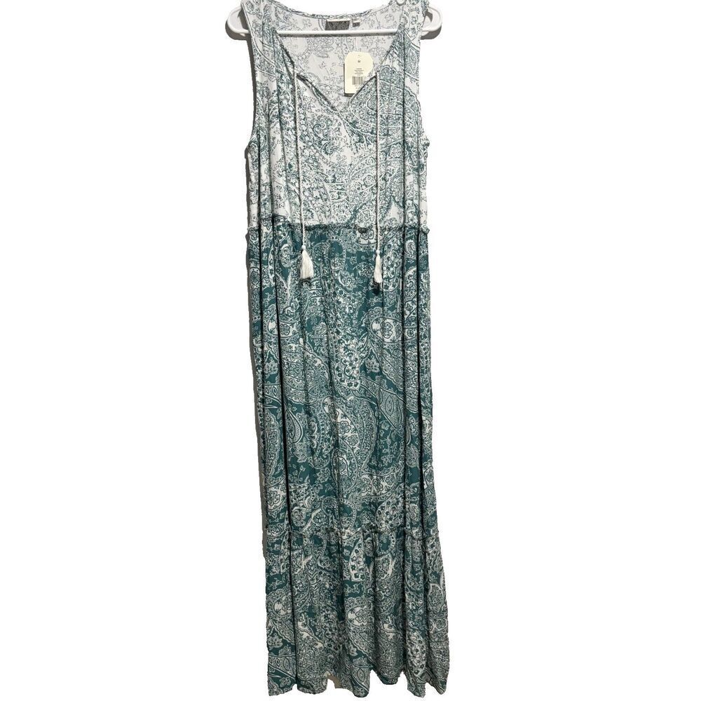 NWT Wonderly Bohemian Green Paisley Sleeveless‎ Tiered Peasant Maxi Dress Size M